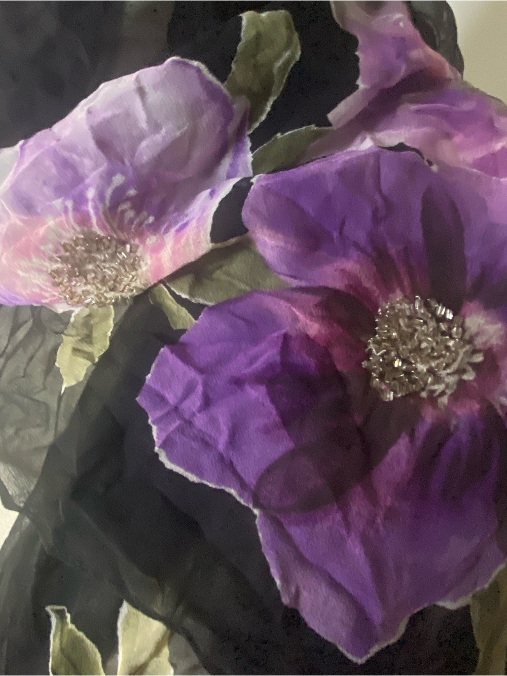 Y2K 100% Silk Purple & Black Floral Chiffon Beaded Scarf - Picture 4 of 10